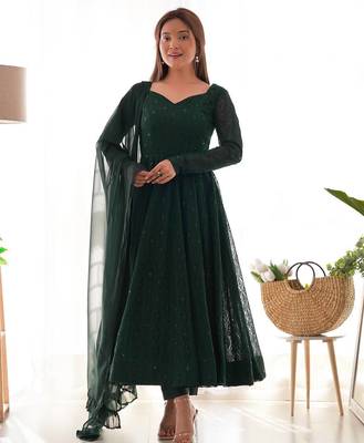 Dark green sequins work pure faux georgette stitched anarkali style suit with pants & dupatta 4