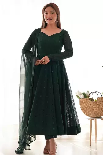 Dark green sequins work pure faux georgette stitched anarkali style suit with pants & dupatta