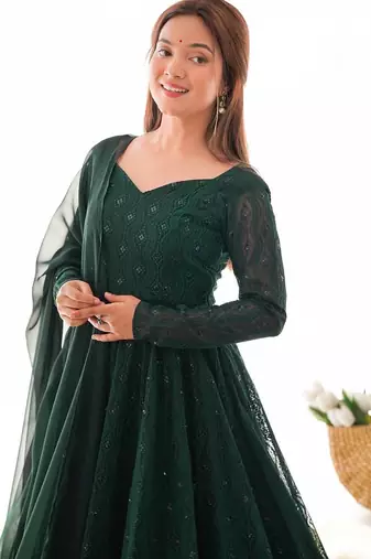 Dark green sequins work pure faux georgette stitched anarkali style suit with pants & dupatta