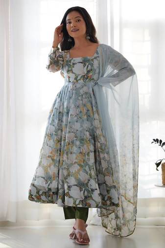Sky blue floral print pure organza silk stitched anarkali style suit with pants & dupatt