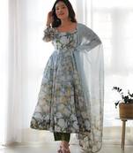 Sky blue floral print pure organza silk stitched anarkali style suit with pants & dupatt