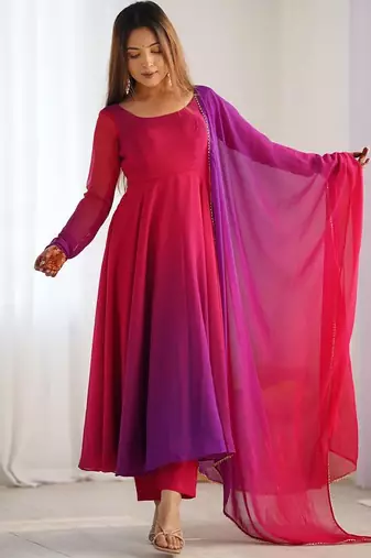 Darkpink ombre pure faux georgette fully stitched anarkali gown style suit with pants & dupatta