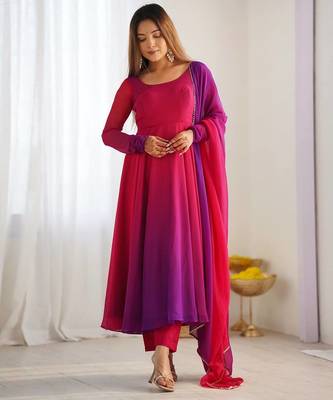 Darkpink ombre pure faux georgette fully stitched anarkali gown style suit with pants & dupatta 3