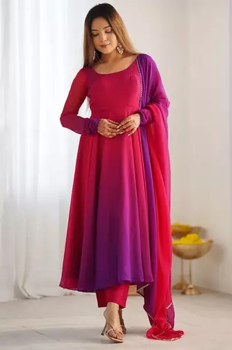 Darkpink ombre pure faux georgette fully stitched anarkali gown style suit with pants & dupatta