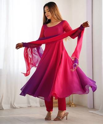 Darkpink ombre pure faux georgette fully stitched anarkali gown style suit with pants & dupatta 4