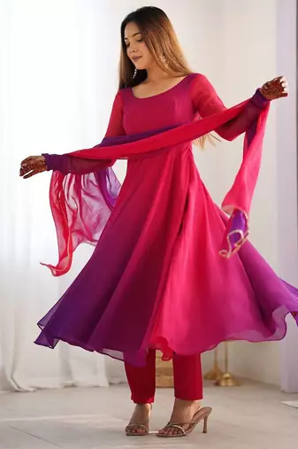 Darkpink ombre pure faux georgette fully stitched anarkali gown style suit with pants & dupatta