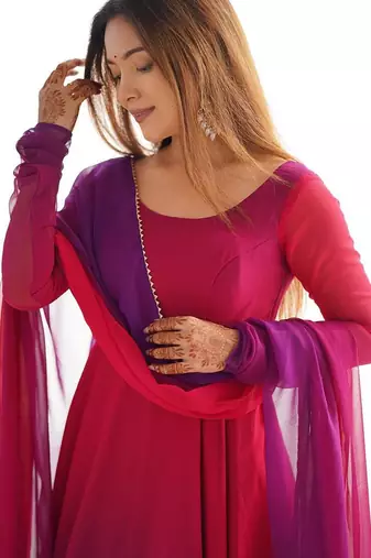 Darkpink ombre pure faux georgette fully stitched anarkali gown style suit with pants & dupatta
