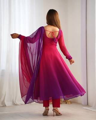 Darkpink ombre pure faux georgette fully stitched anarkali gown style suit with pants & dupatta 6