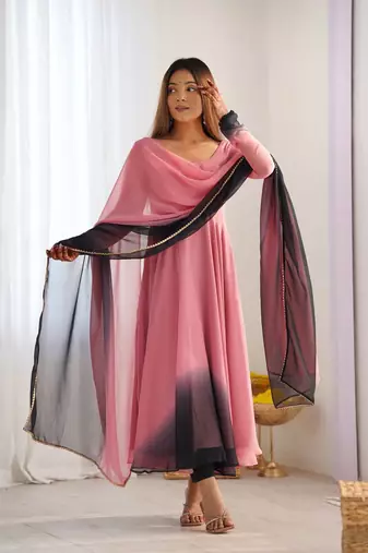 Onionpink ombre pure fox georgette fully stitched anarkali gown style suit with pants & dupatta