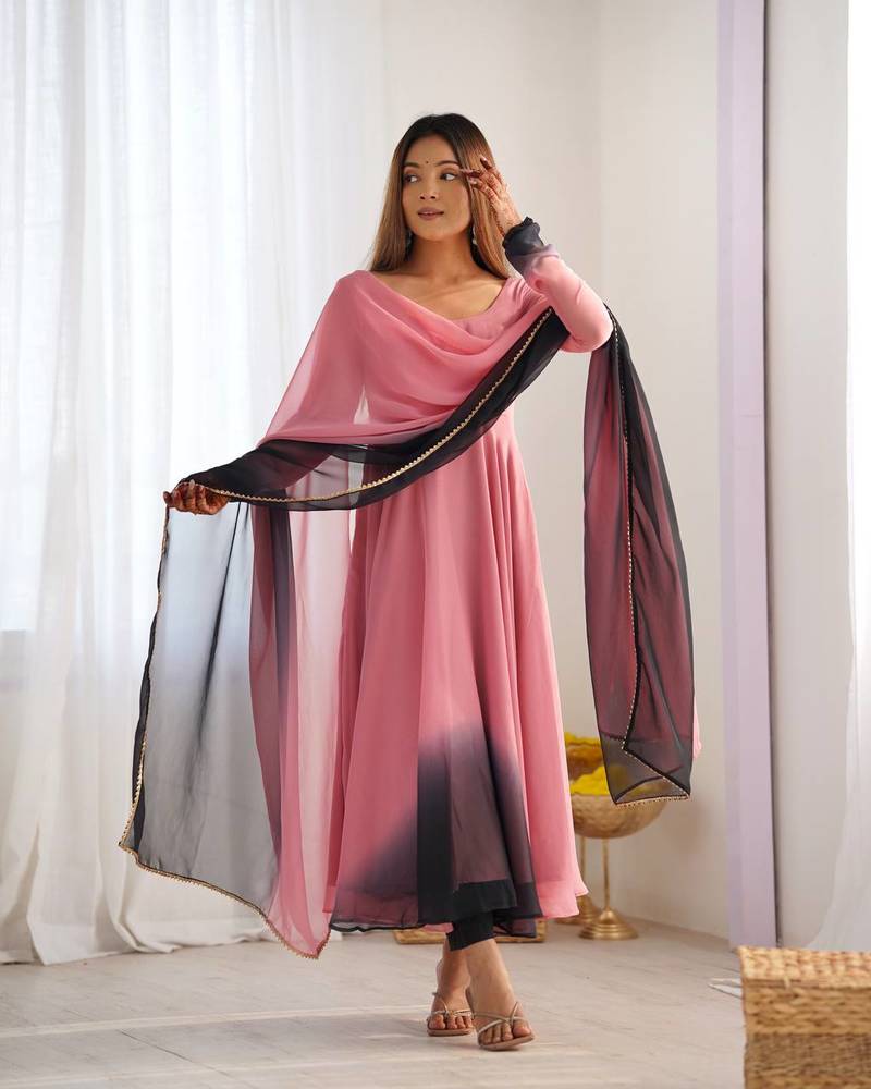 Onionpink ombre pure fox georgette fully stitched anarkali gown style suit with pants & dupatta