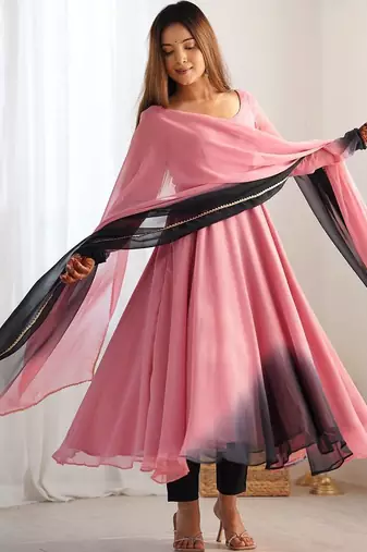 Onionpink ombre pure faux georgette fully stitched anarkali gown style suit with pants & dupatta