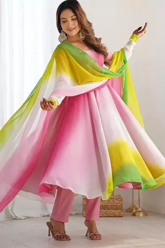 Multicolour ombre pure fox georgette fully stitched anarkali gown style suit with pants & dupatta