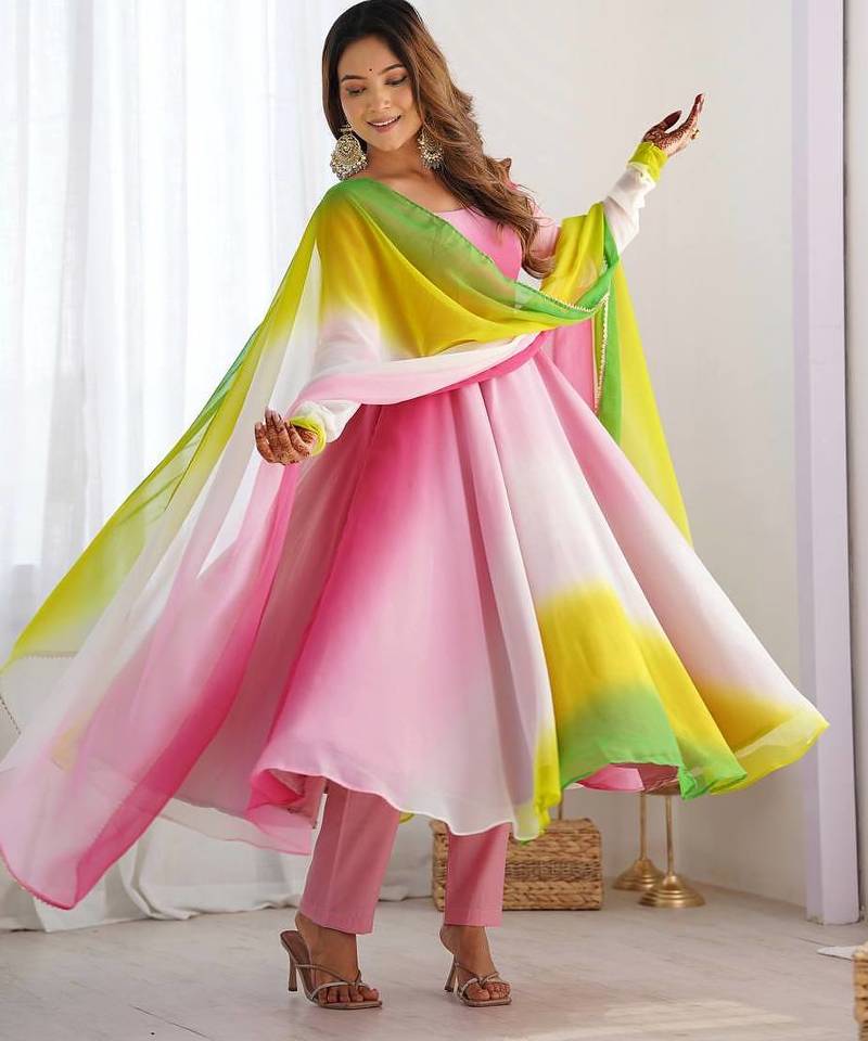 Multicolour ombre pure fox georgette fully stitched anarkali gown style suit with pants & dupatta