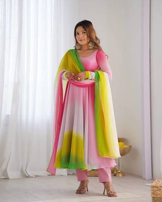 Multicolour ombre pure faux georgette fully stitched anarkali gown style suit with pants & dupatta 3