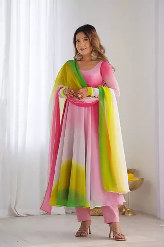 Multicolour ombre pure faux georgette fully stitched anarkali gown style suit with pants & dupatta