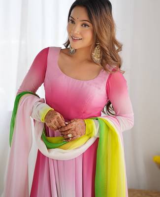 Multicolour ombre pure faux georgette fully stitched anarkali gown style suit with pants & dupatta 6