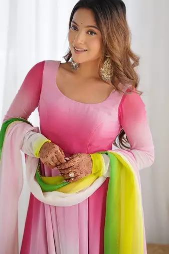 Multicolour ombre pure faux georgette fully stitched anarkali gown style suit with pants & dupatta