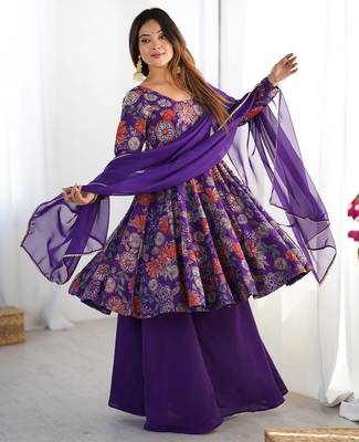 Purple floral print pure romansilk chanderi stitched kediya kurta with palazzo pants & dupatta 1