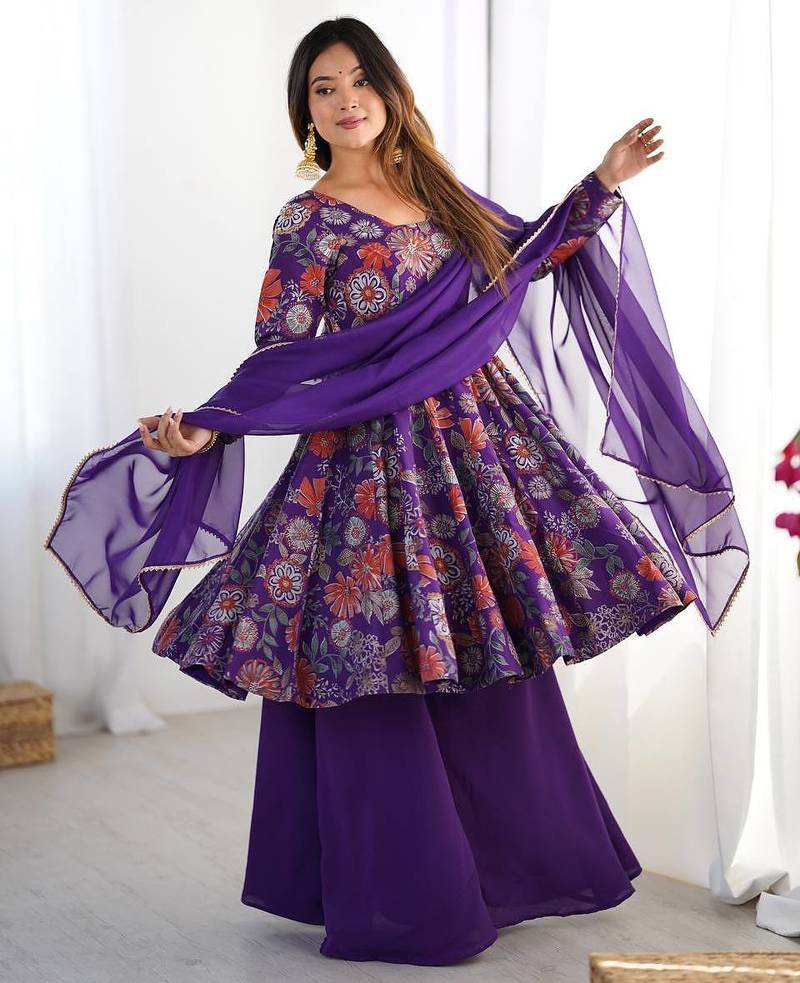 Purple floral print pure romansilk chanderi stitched kediya kurta with palazzo pants & dupatta