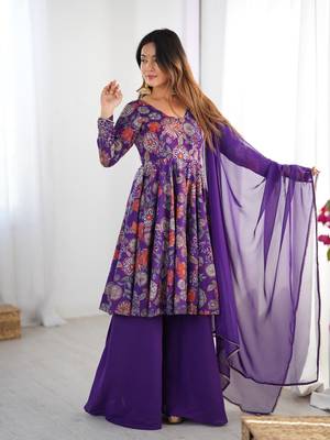 Purple floral print pure romansilk chanderi stitched kediya kurta with palazzo pants & dupatta 3