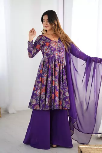 Purple floral print pure romansilk chanderi stitched kediya kurta with palazzo pants & dupatta