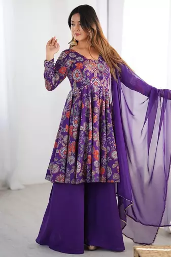 Purple floral print pure romansilk chanderi stitched kediya kurta with palazzo pants & dupatta
