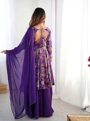 Purple floral print pure romansilk chanderi stitched kediya kurta with palazzo pants & dupatta 6