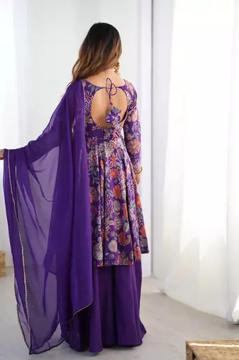 Purple floral print pure romansilk chanderi stitched kediya kurta with palazzo pants & dupatta
