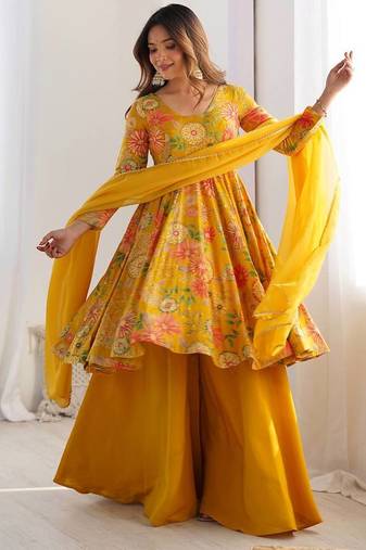 Yellow floral print pure romansilk chanderi stitched kediya kurta with palazzo pants & dupatta