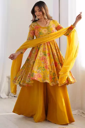 Yellow floral print pure romansilk chanderi stitched kediya kurta with palazzo pants & dupatta