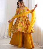 Yellow floral print pure romansilk chanderi stitched kediya kurta with palazzo pants & dupatta