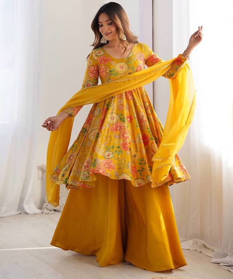 Yellow floral print pure romansilk chanderi stitched kediya kurta with palazzo pants & dupatta