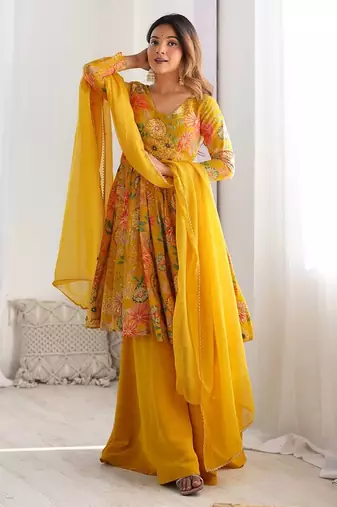 Yellow floral print pure romansilk chanderi stitched kediya kurta with palazzo pants & dupatta