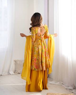 Yellow floral print pure romansilk chanderi stitched kediya kurta with palazzo pants & dupatta 5