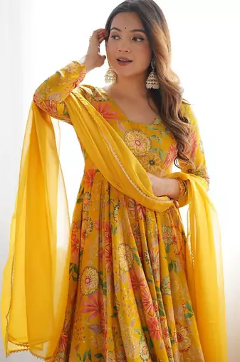 Yellow floral print pure romansilk chanderi stitched kediya kurta with palazzo pants & dupatta