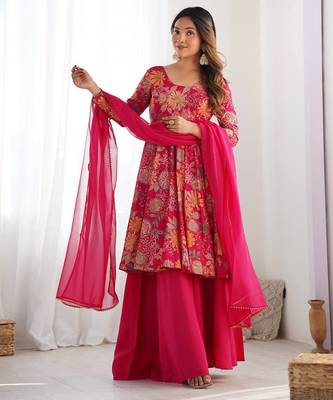 Pink floral print pure romansilk chanderi stitched kediya kurta with palazzo pants & dupatta 1