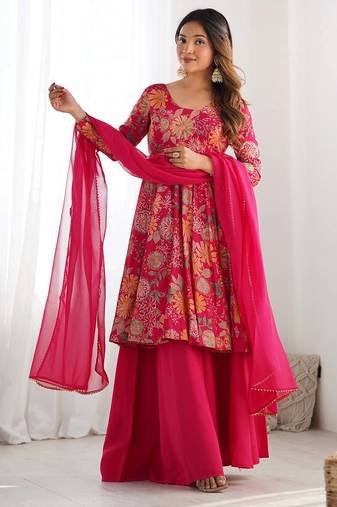 Pink floral print pure romansilk chanderi stitched kediya kurta with palazzo pants & dupatta