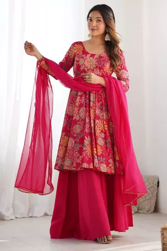 Pink floral print pure romansilk chanderi stitched kediya kurta with palazzo pants & dupatta