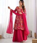 Pink floral print pure romansilk chanderi stitched kediya kurta with palazzo pants & dupatta