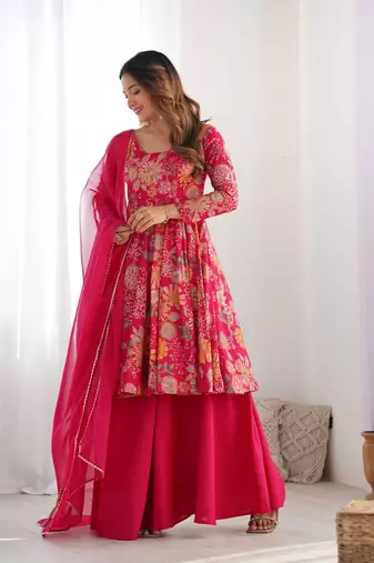 Pink floral print pure romansilk chanderi stitched kediya kurta with palazzo pants & dupatta