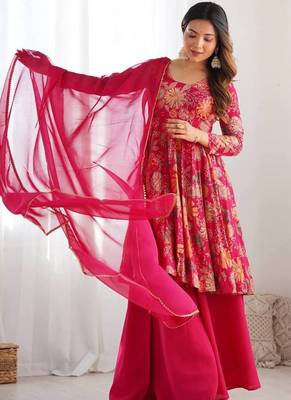 Pink floral print pure romansilk chanderi stitched kediya kurta with palazzo pants & dupatta 4
