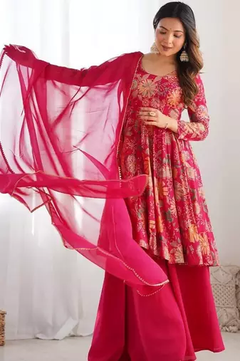 Pink floral print pure romansilk chanderi stitched kediya kurta with palazzo pants & dupatta