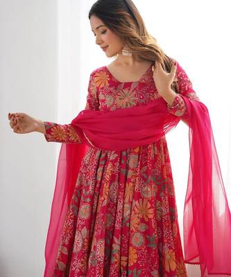Pink floral print pure romansilk chanderi stitched kediya kurta with palazzo pants & dupatta 6
