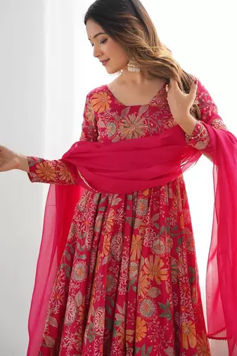 Pink floral print pure romansilk chanderi stitched kediya kurta with palazzo pants & dupatta
