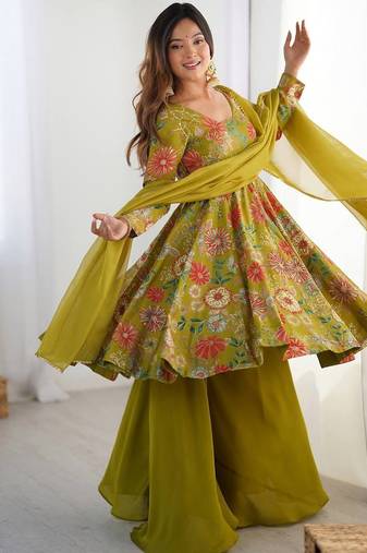 Mahendi floral print pure romansilk chanderi stitched kediya kurta with palazzo pants & dupatta