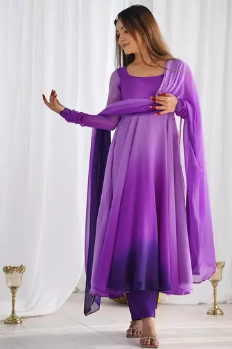 Purple ombre pure fox georgette fully stitched anarkali gown style suit with pants & dupatta