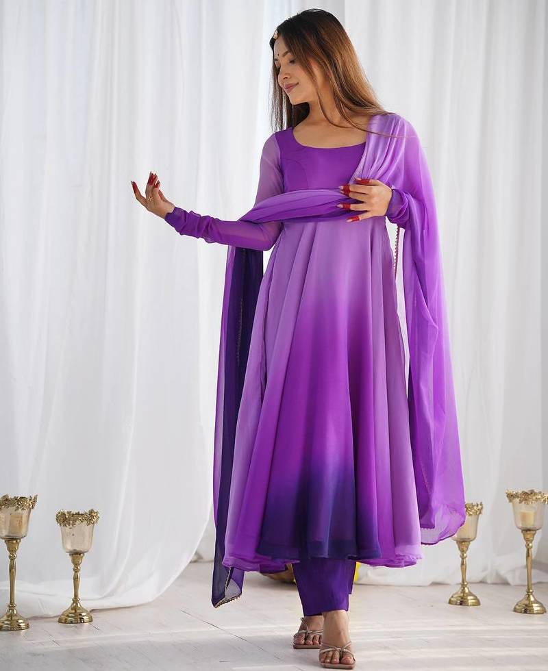 Purple ombre pure fox georgette fully stitched anarkali gown style suit with pants & dupatta