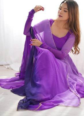 Purple ombre pure faux georgette fully stitched anarkali gown style suit with pants & dupatta 6