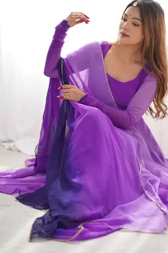 Purple ombre pure faux georgette fully stitched anarkali gown style suit with pants & dupatta