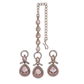 Creative round and oval shape gold plated dangle earring with maangtikka for women and girls 1